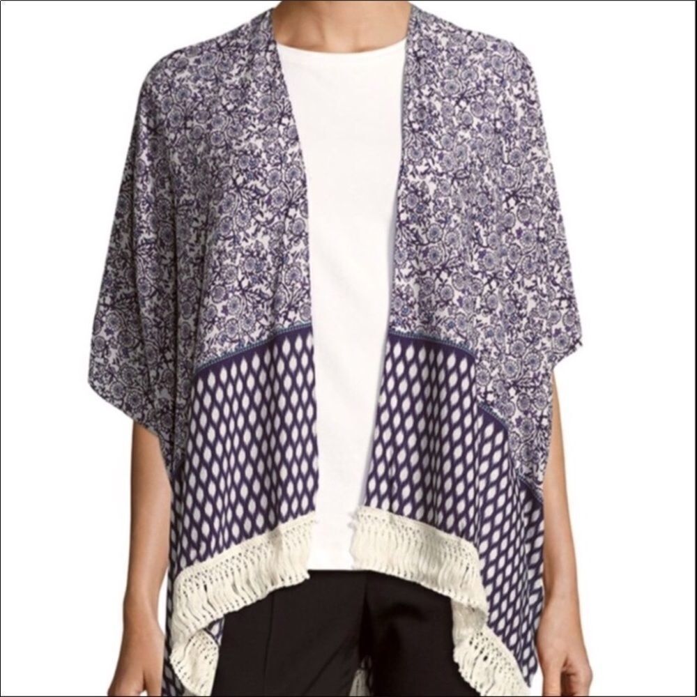 NEW Blue Floral Open Front Fringe Trim Shawl Wrap NEW